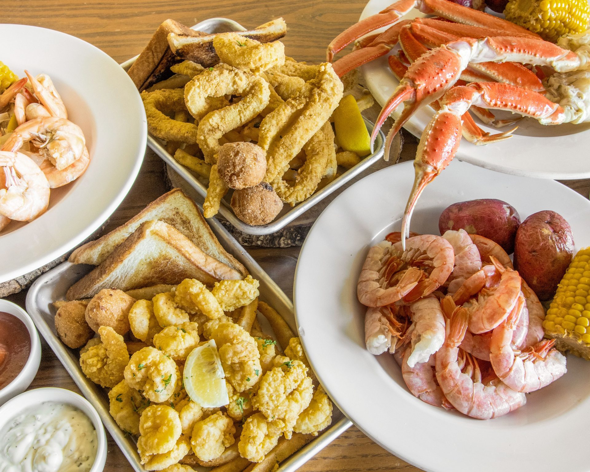 Seafood, pasta, and dessert
